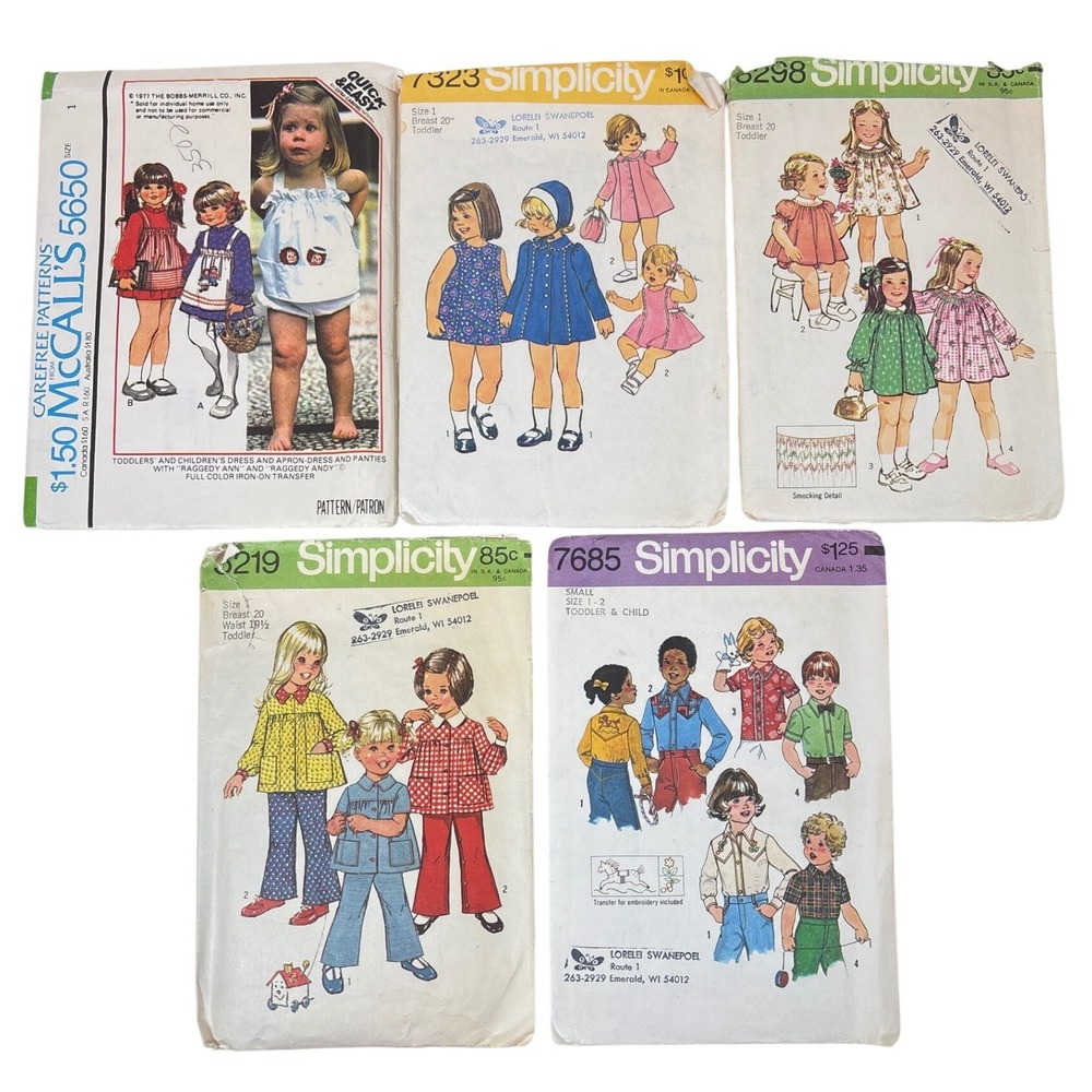 Vintage 70s Toddler Sewing Patterns Lot Simplicity McCalls Size 1 5pc Set